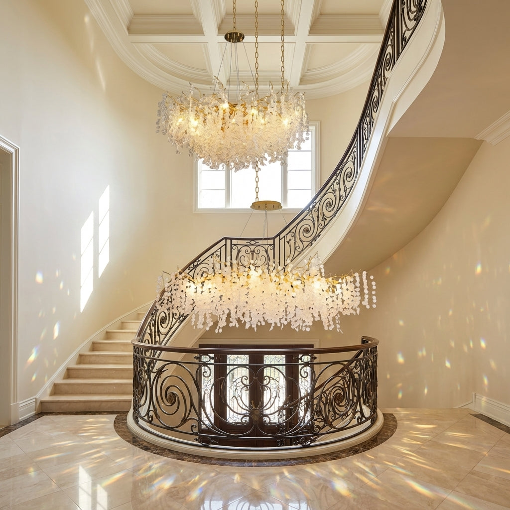 Riviko Verdant Canopy Crystal Chandelier - dramatic American stairwell with soaring ceiling