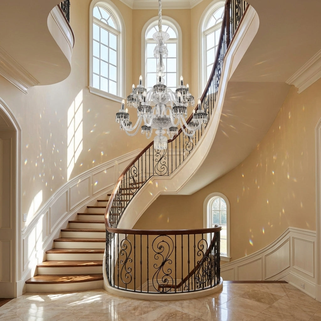 Riviko Veridian Bloom Crystal Chandelier - dramatic American stairwell with soaring ceiling