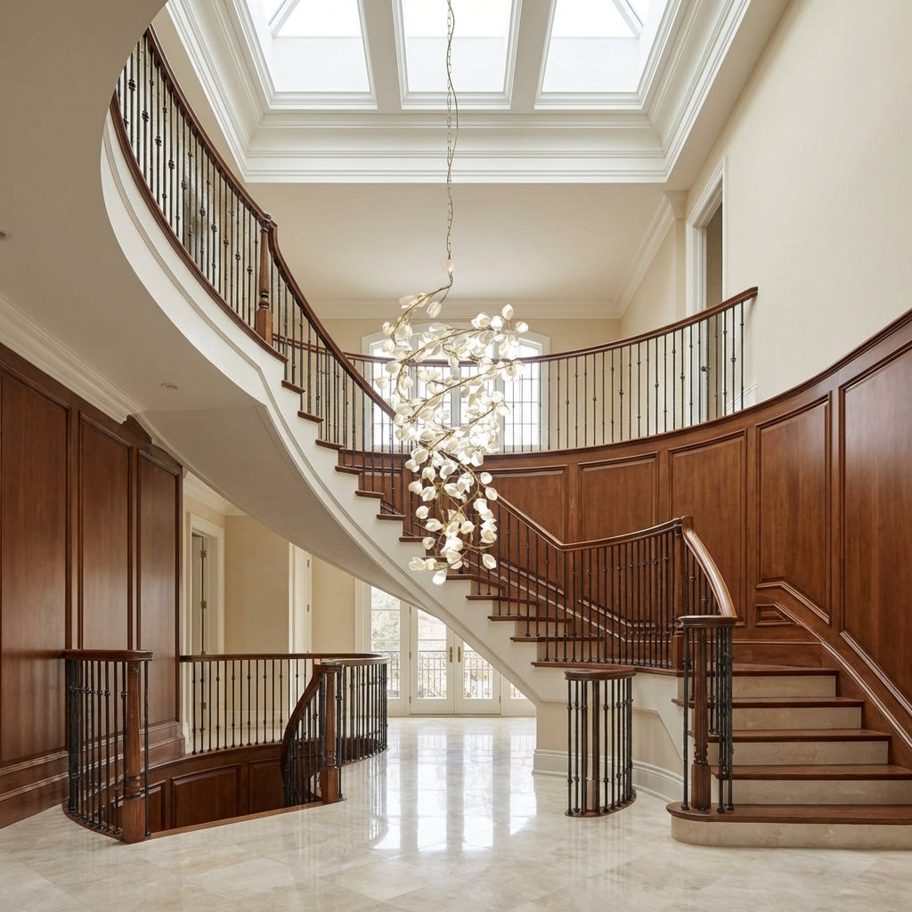 Riviko Magnolia Bloom Spiral Grand Chandelier - dramatic American stairwell with soaring ceiling
