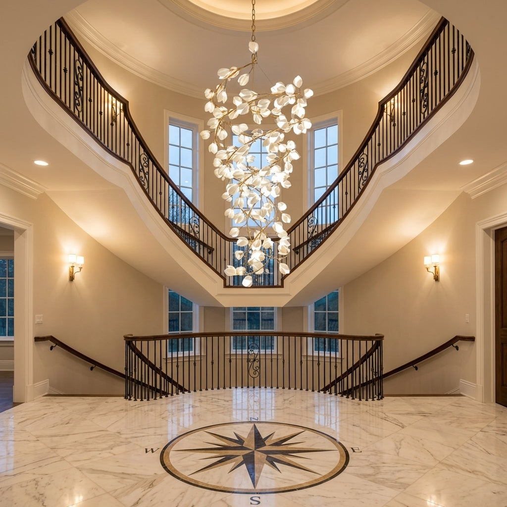 Riviko Magnolia Bloom Spiral Grand Chandelier - grand American foyer with two-story ceiling