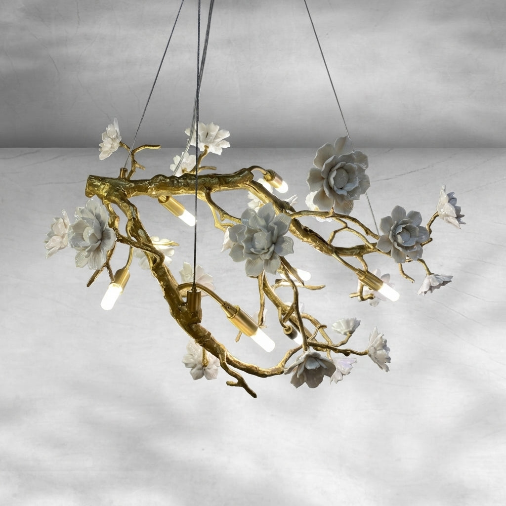 Riviko Blossom Branch Brass & Ceramic Chandelier - Background Shot