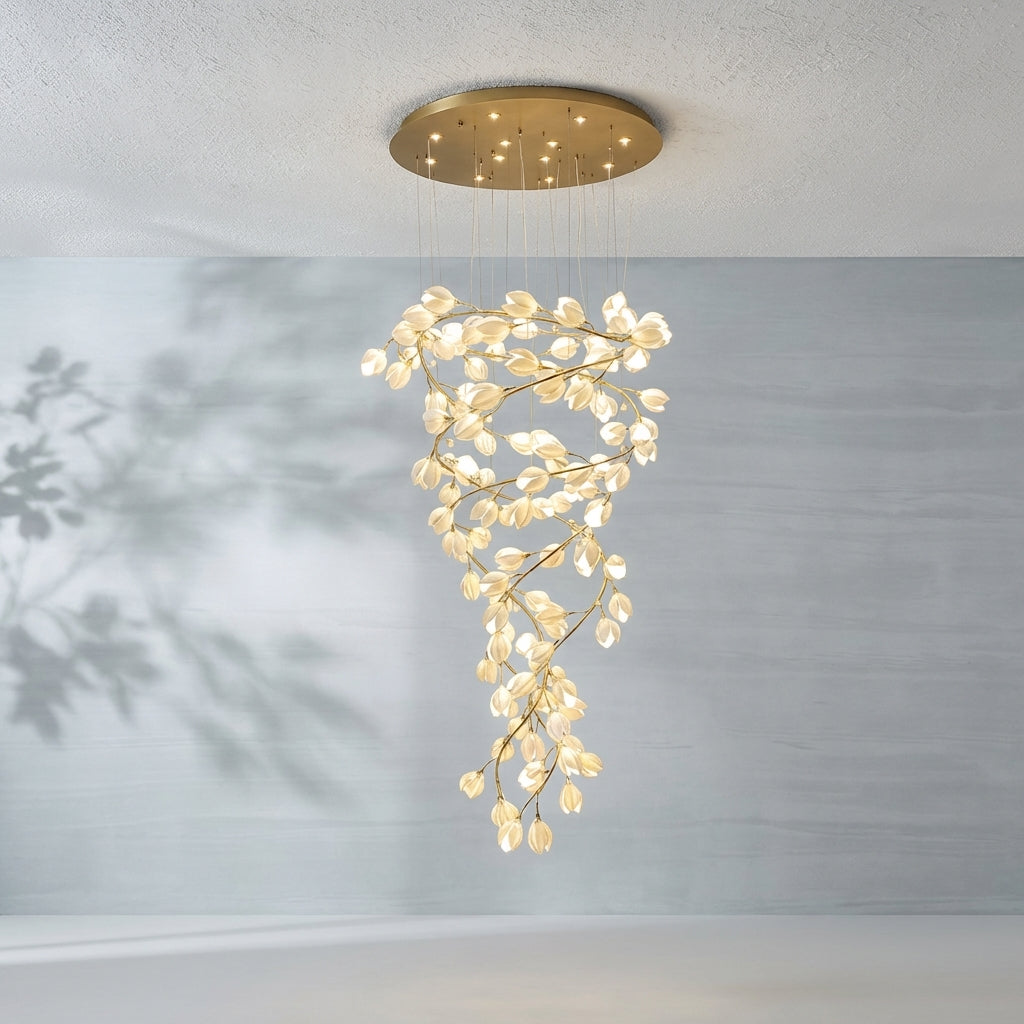 Riviko Spiral Pure White Magnolia Chandelier with Golden Branches for Staircase/High-ceiling Space/Foyer/ Duplex - Studio Shot