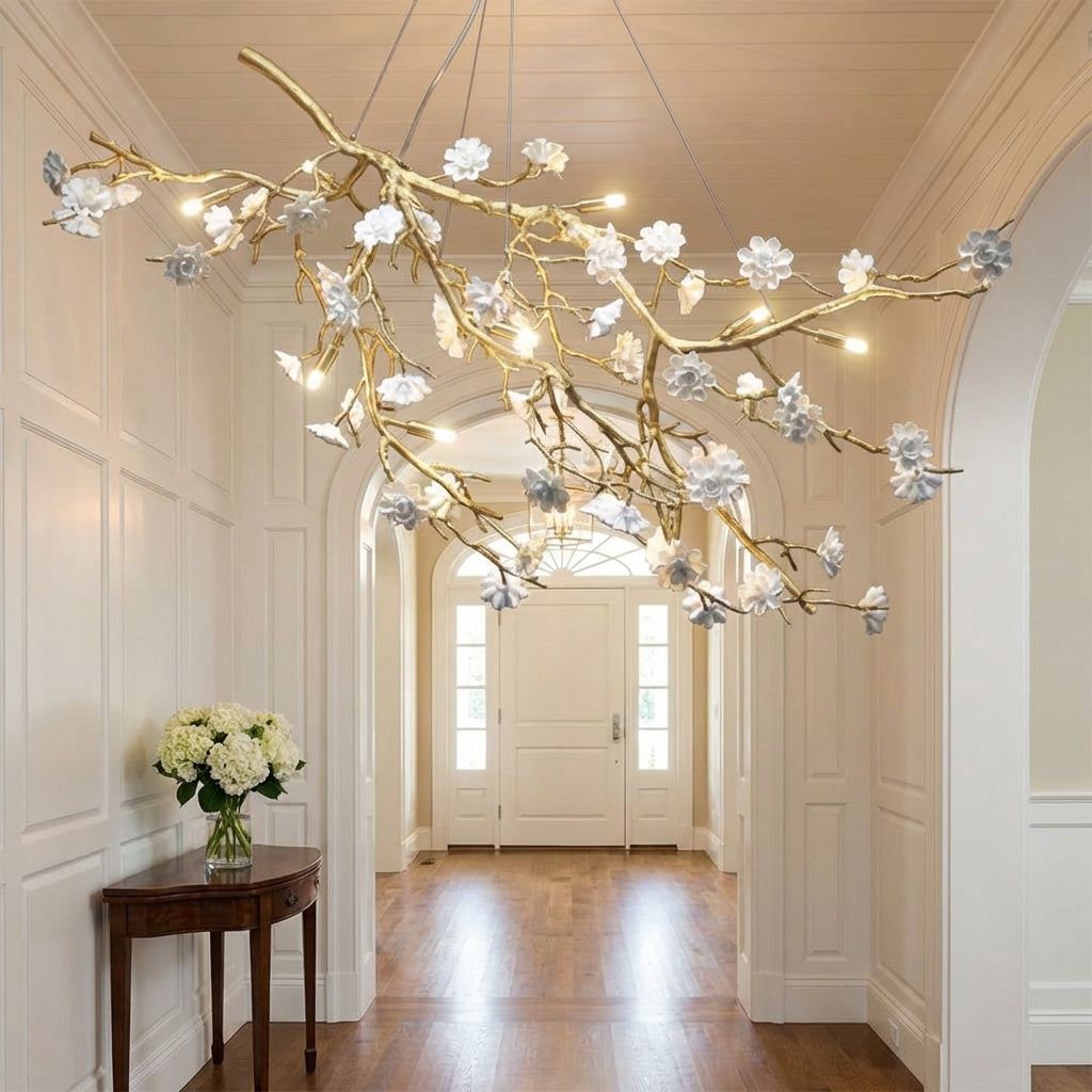 Riviko Blossom Branch Brass & Ceramic Chandelier - elegant American entryway with arched doorway