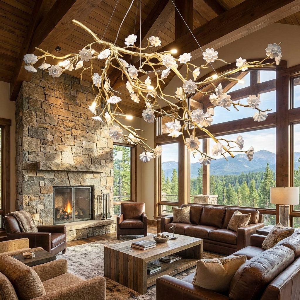 Riviko Blossom Branch Brass & Ceramic Chandelier - American transitional great room with cathedral ceiling