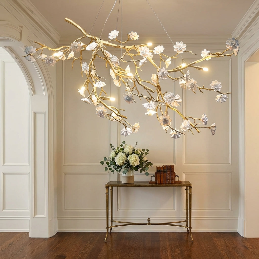 Riviko Blossom Branch Brass & Ceramic Chandelier - elegant American entryway with arched doorway