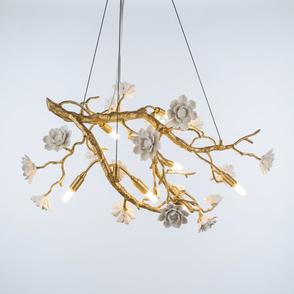 Riviko Post-Modern Art Brass and Ceramics Flower Pendant Branch Chandelier for Living/Dining Room - Studio Shot