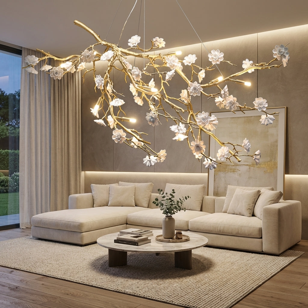Riviko Post-Modern Art Brass and Ceramics Flower Pendant Branch Chandelier for Living/Dining Room - Studio Shot