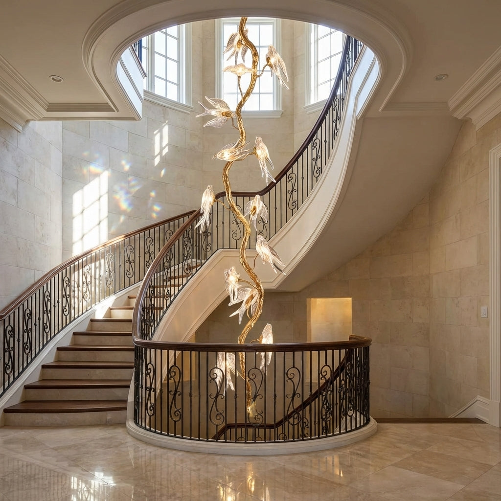 Riviko Swallow Glass Long Tree Branch Chandelier - dramatic American stairwell with soaring ceiling