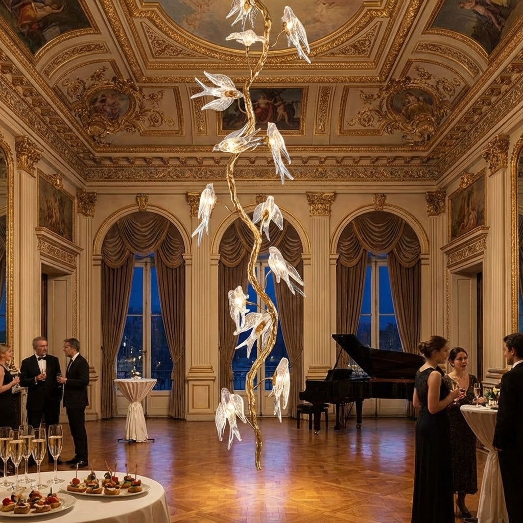 Riviko Swallow Glass Long Tree Branch Chandelier - American ballroom or formal entertaining space