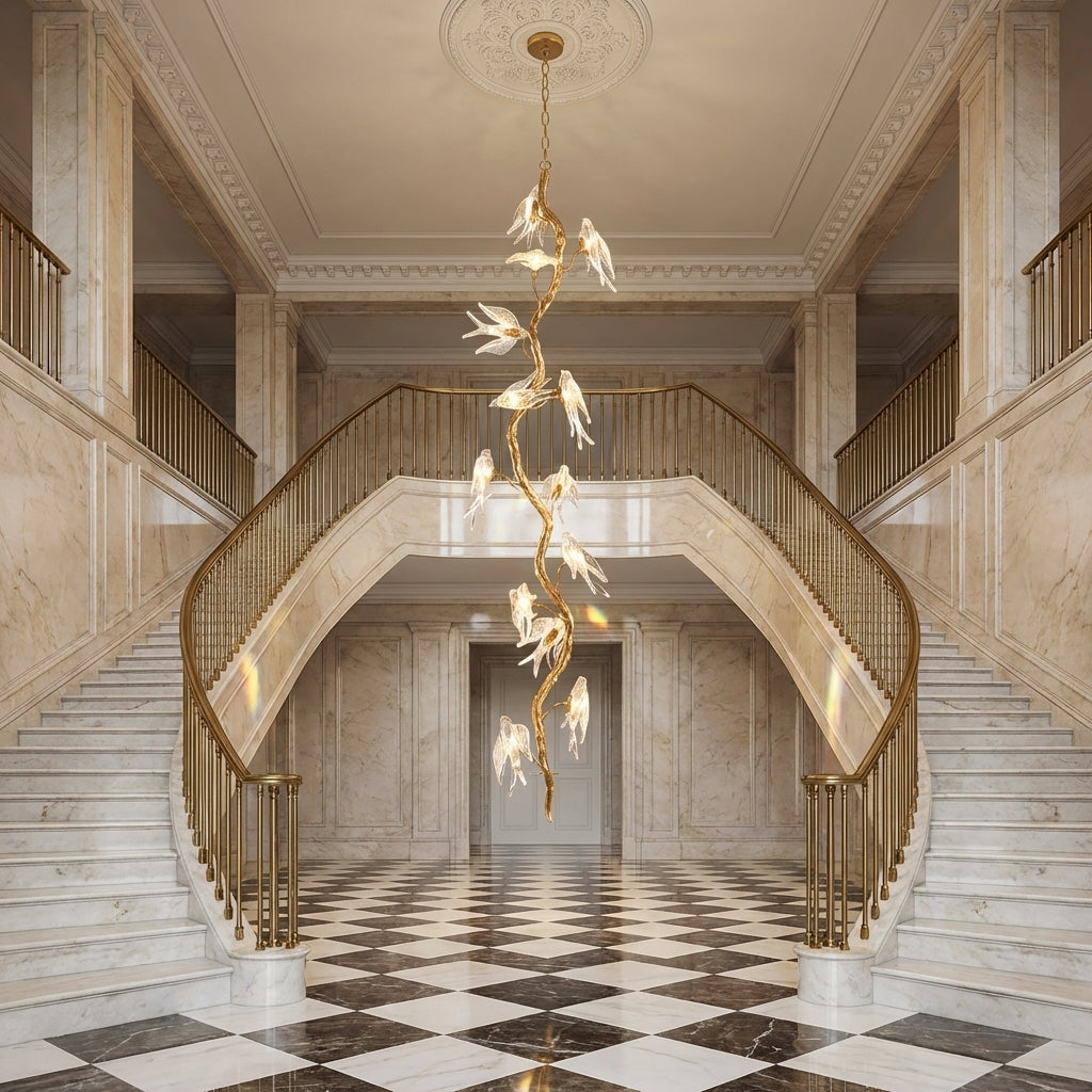 Riviko Swallow Glass Long Tree Branch Chandelier - grand American estate foyer