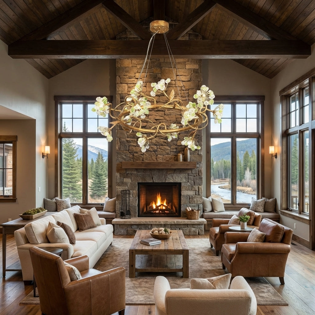 Riviko Verdant Bloom Brass Ring Chandelier - American transitional great room with cathedral ceiling