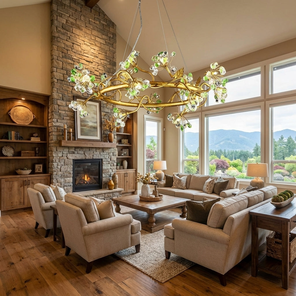 Riviko Verdant Bloom Brass Ring Chandelier - American transitional great room with cathedral ceiling