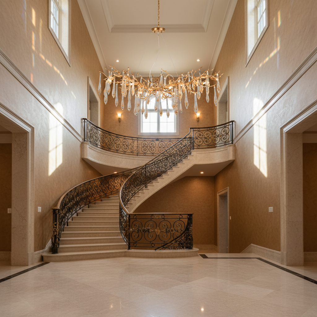 Riviko Agnes Brass Branch Crystal Chandelier For Dining Room - dramatic American stairwell with soaring ceiling