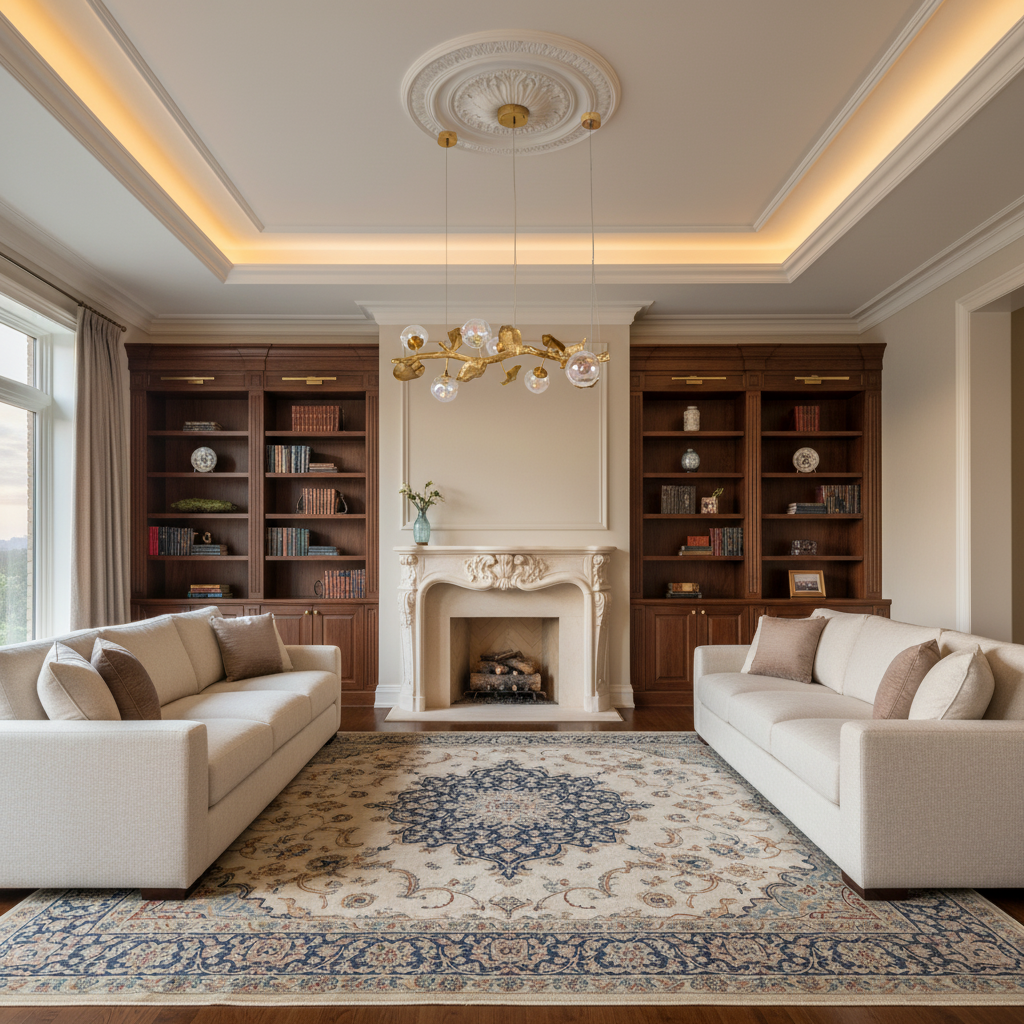 Riviko Veridian Bloom Brass Branch Chandelier - luxurious American living room with tray ceiling