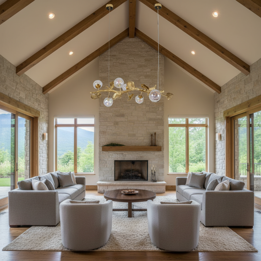 Riviko Veridian Bloom Brass Branch Chandelier - American transitional great room with cathedral ceiling