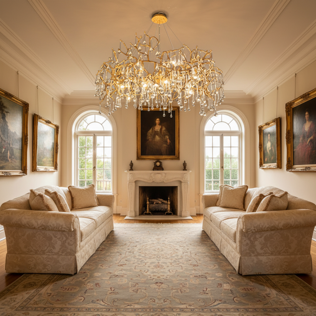 Riviko Veridian Bloom Branch Chandelier - American formal living room with 12-foot ceilings