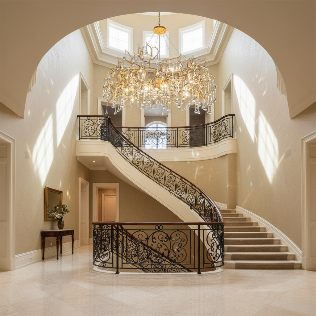 Riviko Veridian Bloom Branch Chandelier - dramatic American stairwell with soaring ceiling