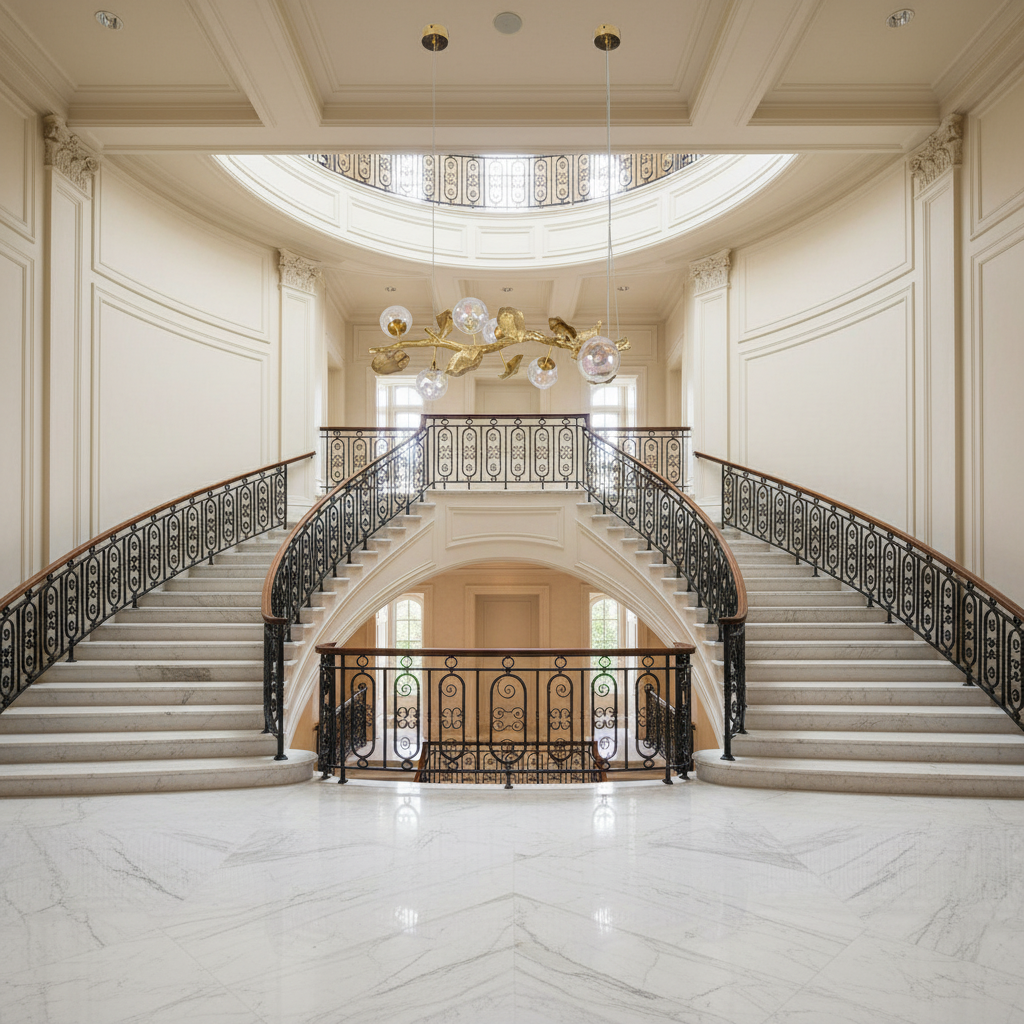 Riviko Organic Glass Bubble Brass Branch Chandelier with Leaves - dramatic American stairwell with soaring ceiling