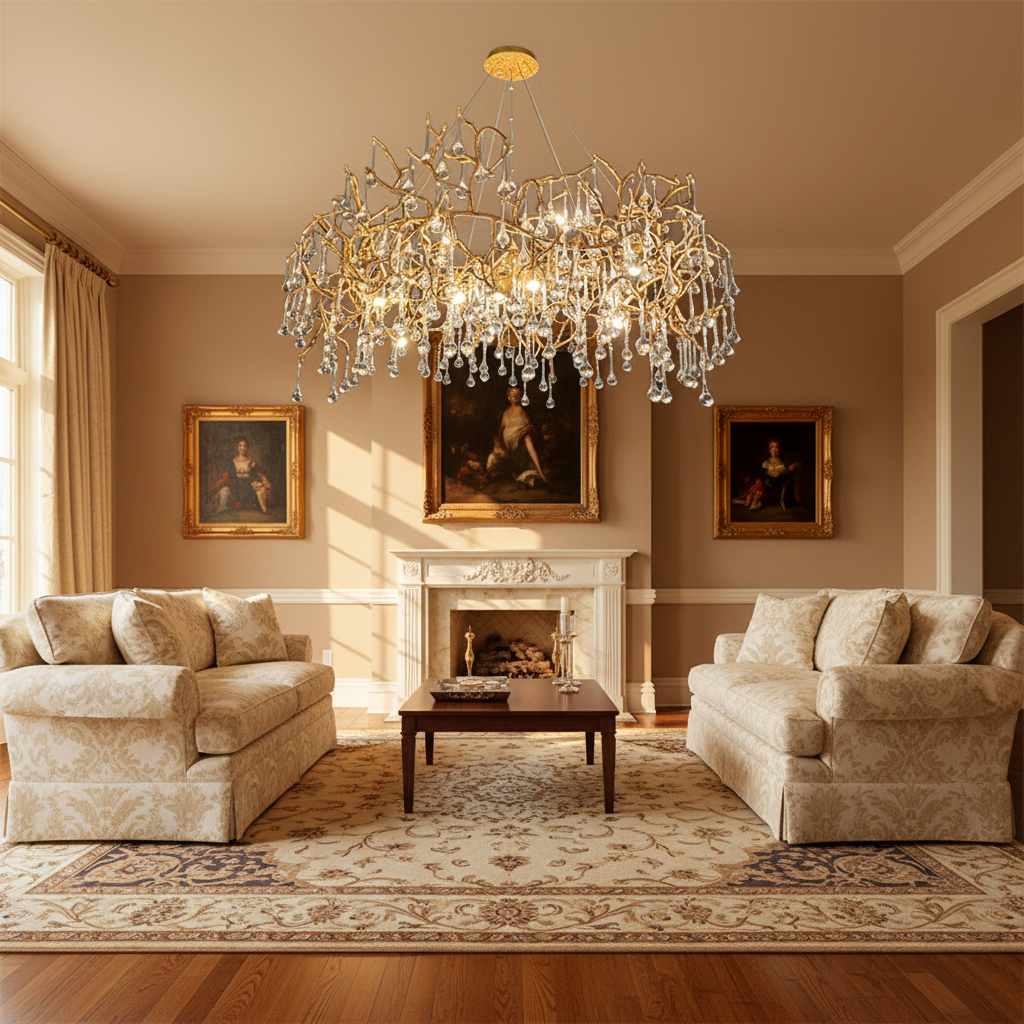 Riviko Avis Crystal Rain Branch Chandelier - American formal living room with 12-foot ceilings