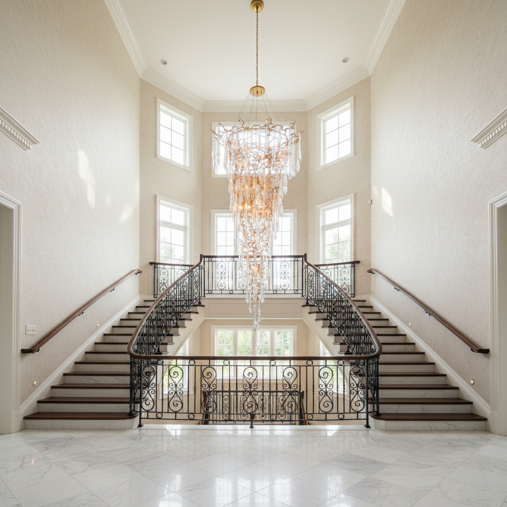 Riviko Grand Canopy Crystal Branch Chandelier - dramatic American stairwell with soaring ceiling