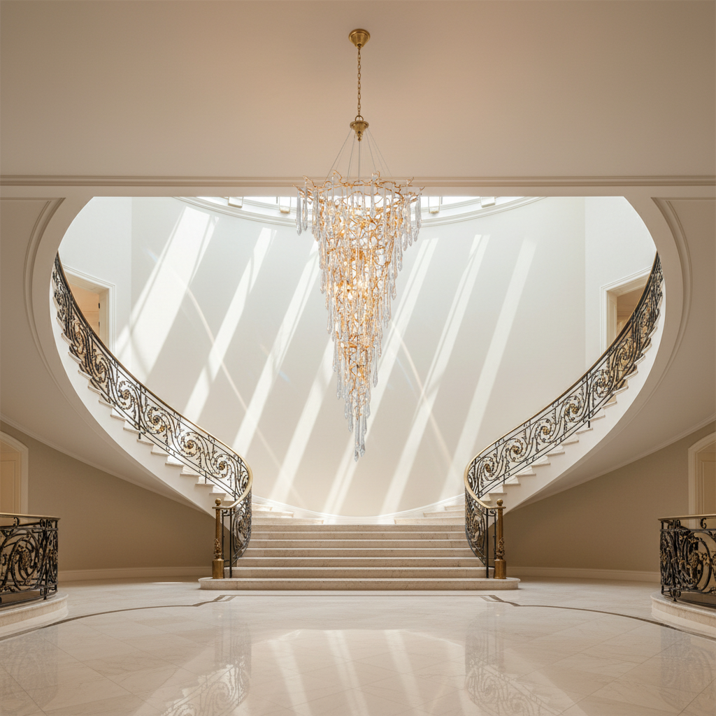 Riviko Grand Canopy Crystal Branch Chandelier - dramatic American stairwell with soaring ceiling