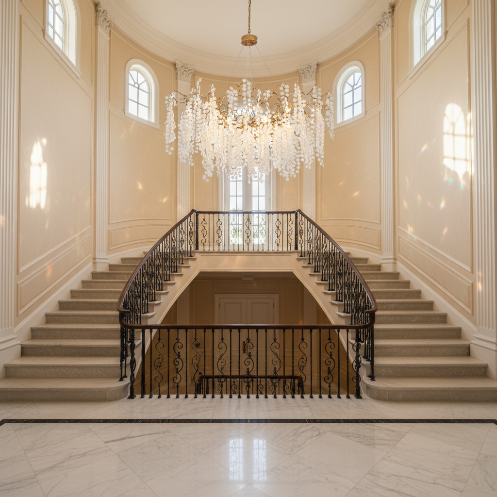 Riviko Veridian Branch Crystal Chandelier - dramatic American stairwell with soaring ceiling