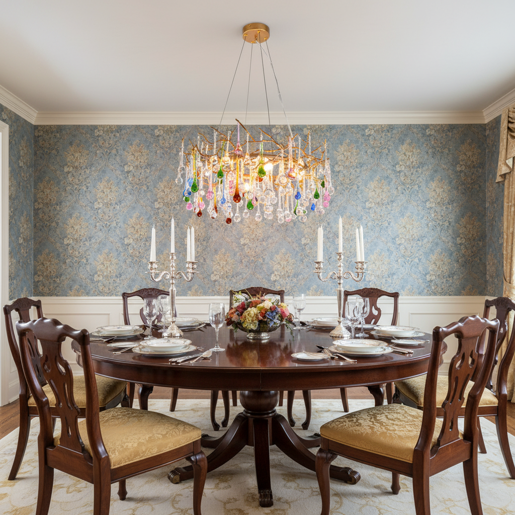 Riviko Avis Colorful Crystal Rain Branch Chandelier - formal American dining room