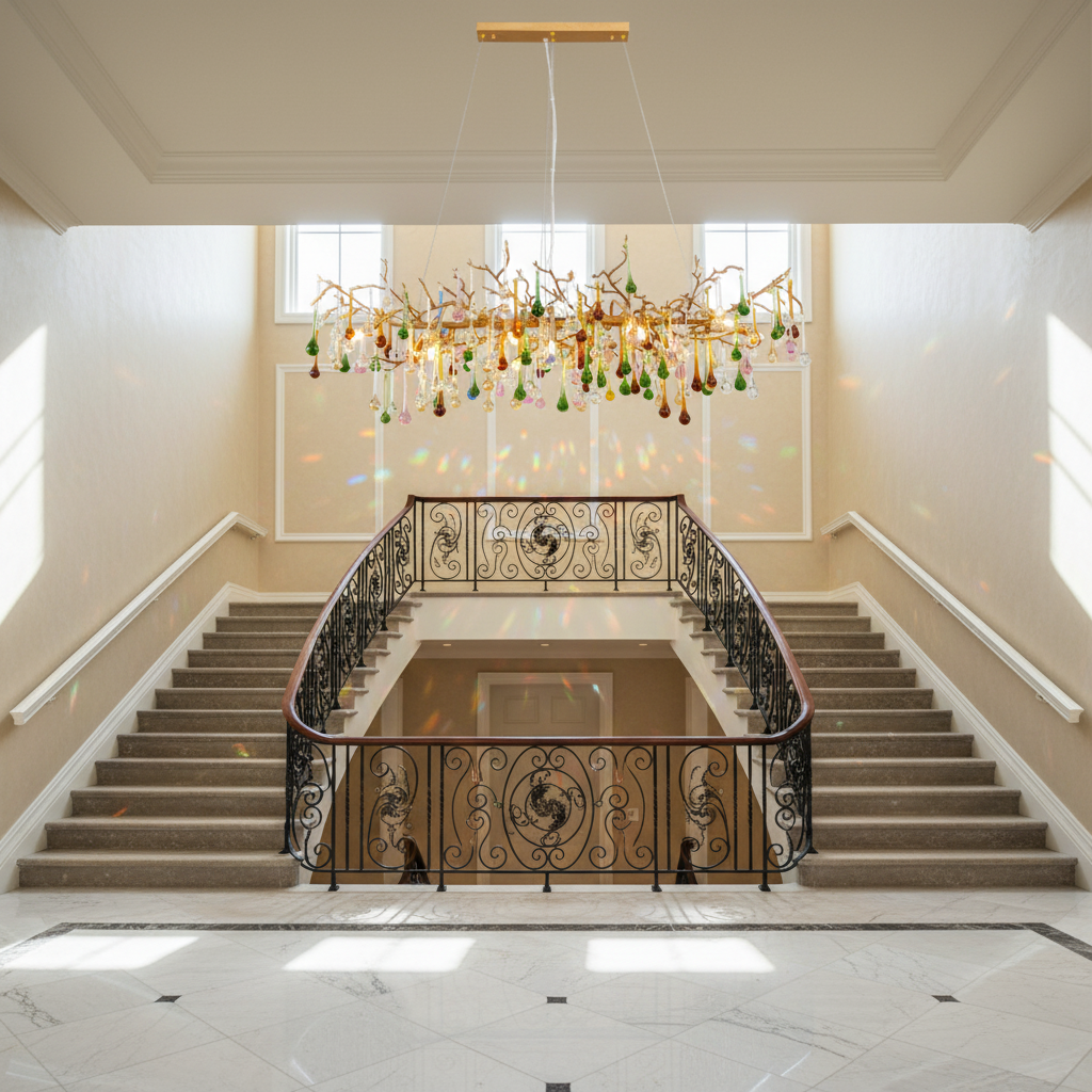 Riviko Veridian Bloom Linear Branch Chandelier - dramatic American stairwell with soaring ceiling
