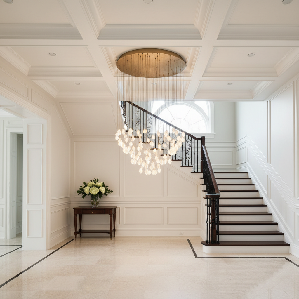 Riviko Verdant Bloom Porcelain Chandelier - elegant American entryway with arched doorway