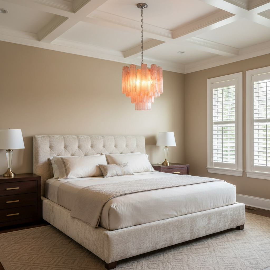 Riviko Pink Murano Glass Tronchi Chandelier - American master bedroom with coffered ceiling