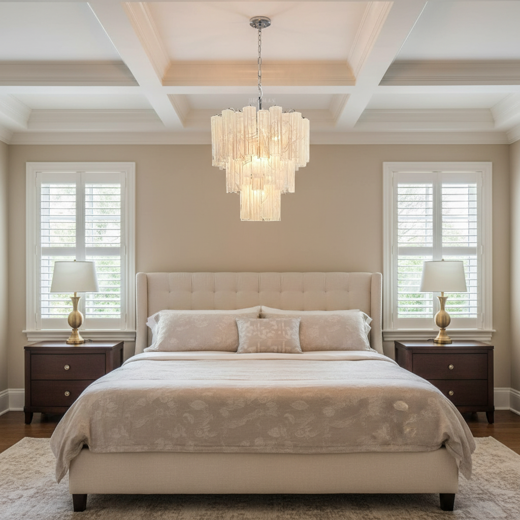 Riviko Alabaster Bloom Grand Chandelier - American master bedroom with coffered ceiling
