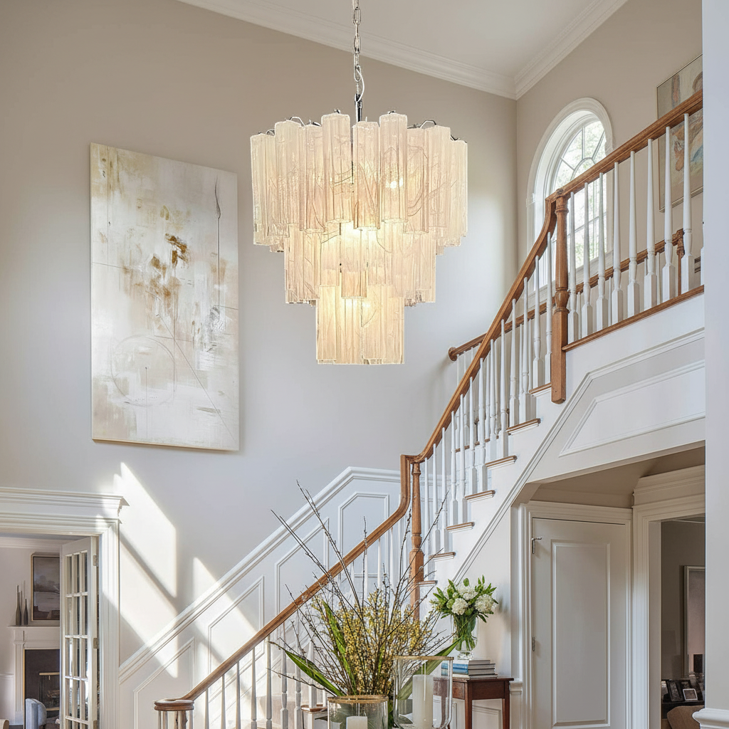 Riviko Murano Chandelier – 48 tubes – Alabaster White - elegant American entryway with arched doorway