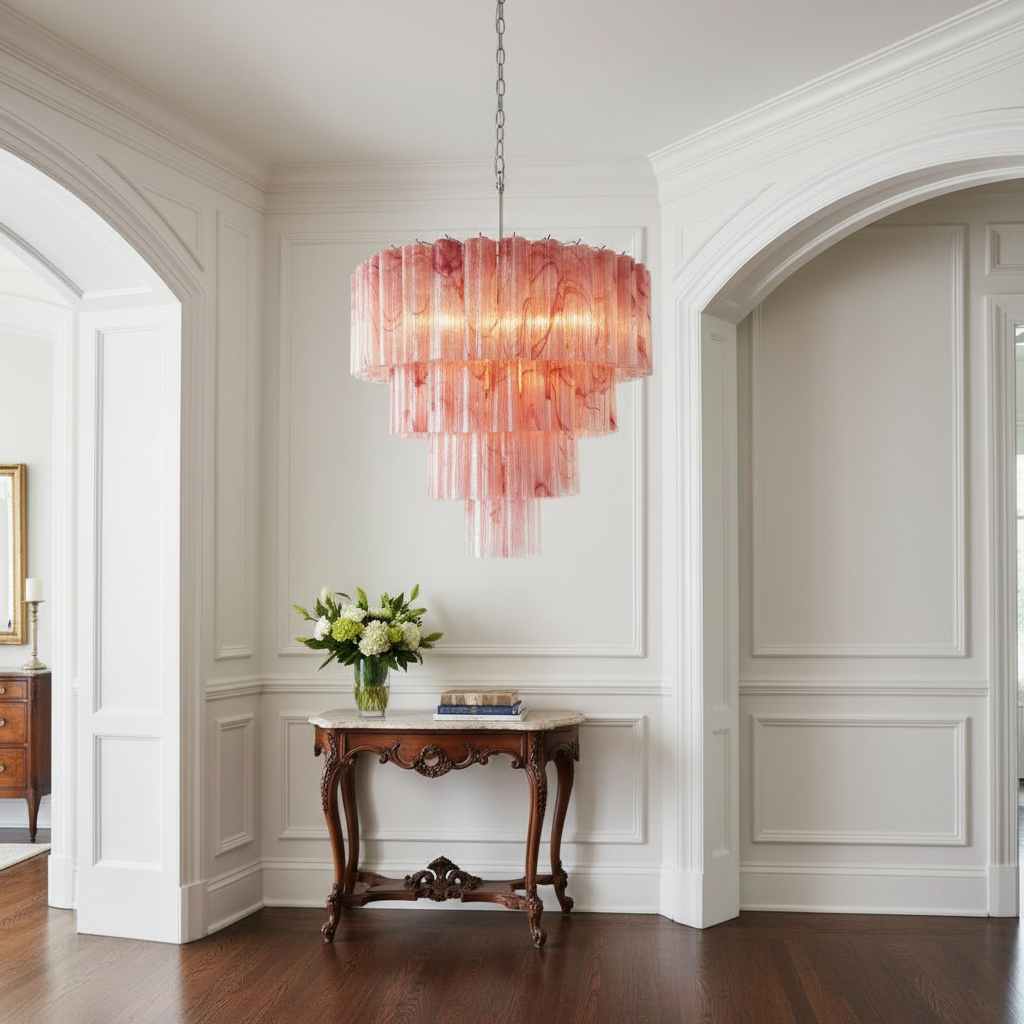Riviko Alabaster Pink Grand Chandelier - elegant American entryway with arched doorway
