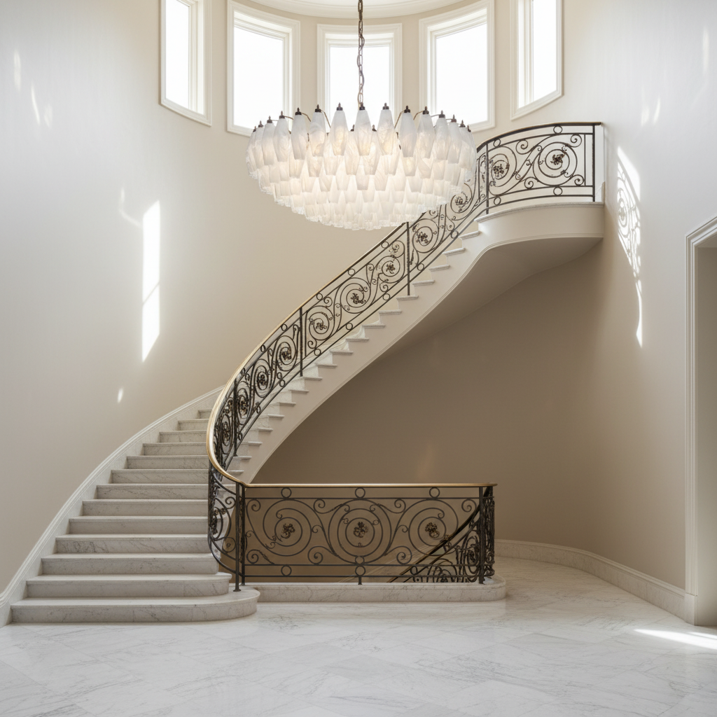 Riviko Murano Chandelier – Poliedri – 185 glass – White Alabaster - dramatic American stairwell with soaring ceiling