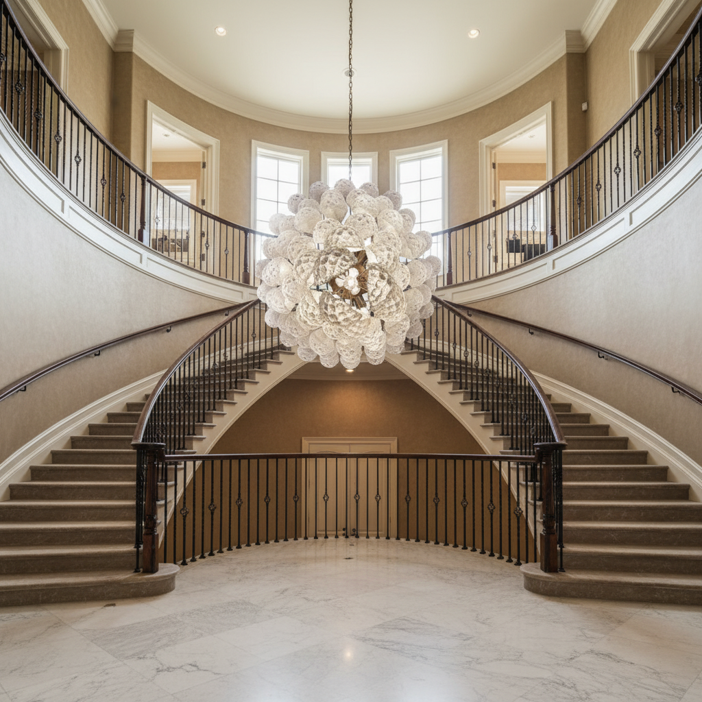 Riviko Murano Chandelier – Drop – 75 glasses – Transparent - dramatic American stairwell with soaring ceiling