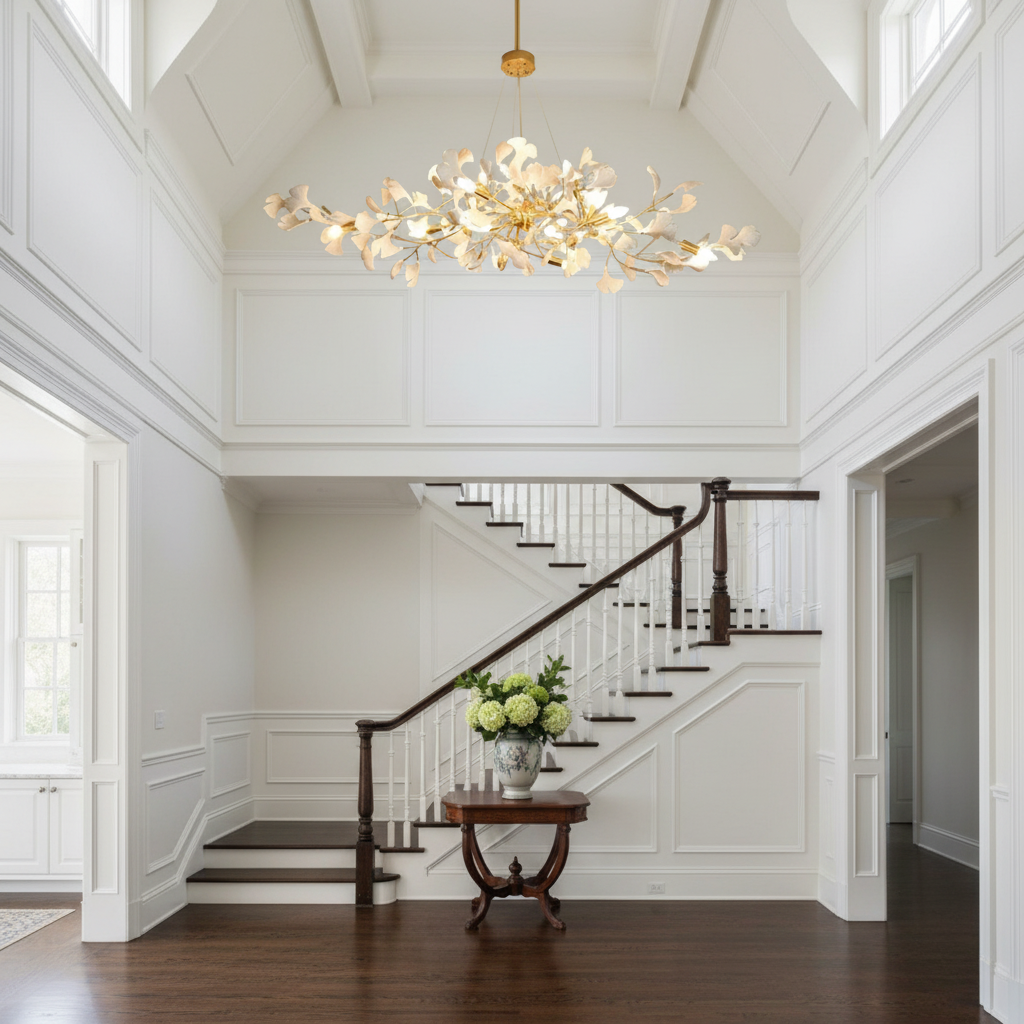 Riviko Ginkgo C Branch Chandelier - elegant American entryway with arched doorway