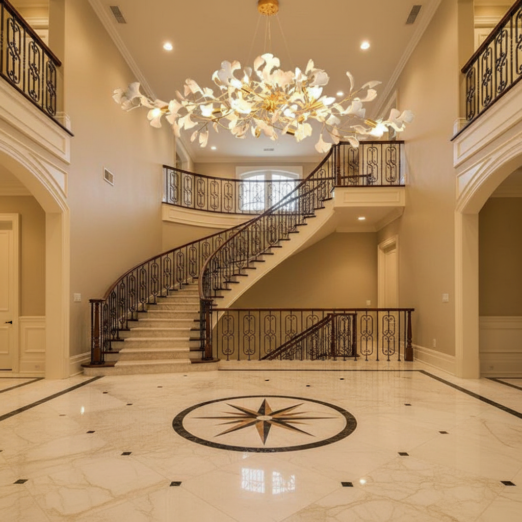 Riviko Ginkgo C Branch Chandelier - grand American foyer with two-story ceiling