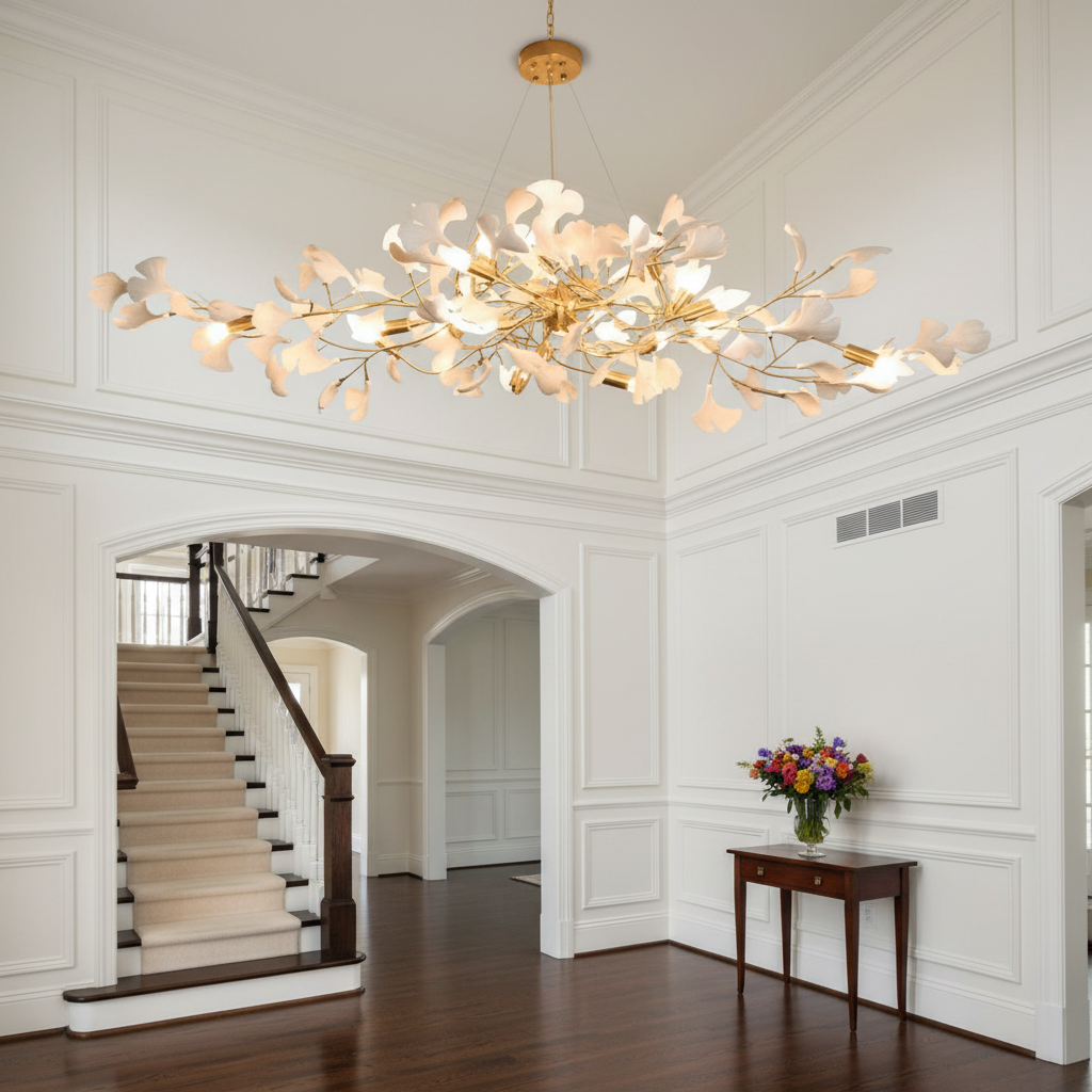 Riviko Ginkgo C Branch Chandelier - elegant American entryway with arched doorway