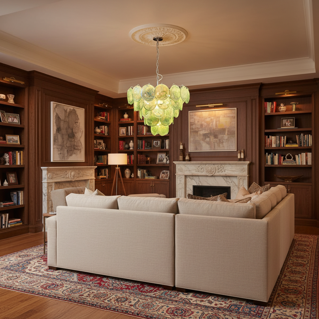 Riviko Verdant Aura Glass Disk Chandelier - luxurious American living room with tray ceiling