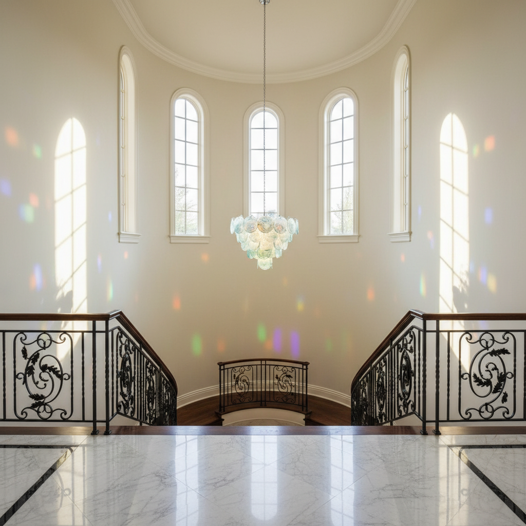 Riviko Azure Bloom Glass Chandelier - dramatic American stairwell with soaring ceiling