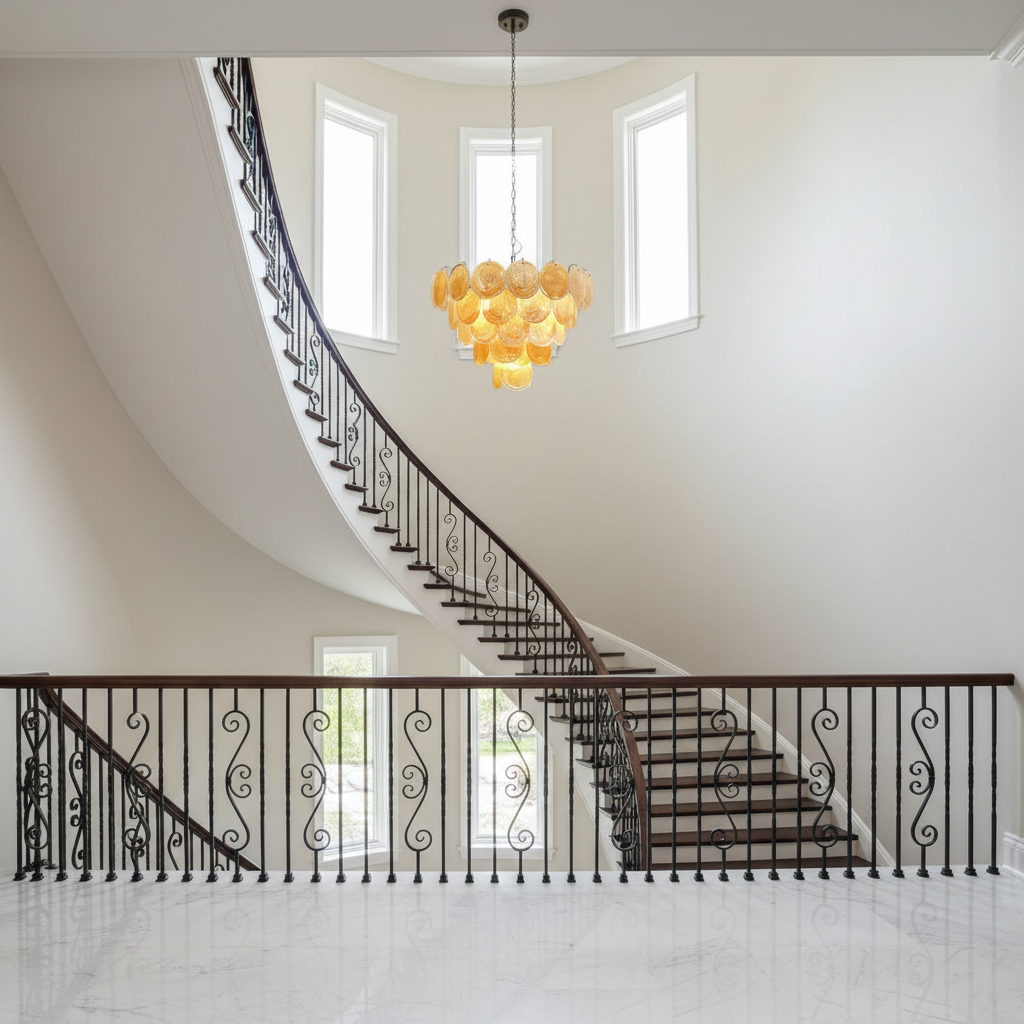 Riviko Aurelian Bloom Murano Chandelier - dramatic American stairwell with soaring ceiling