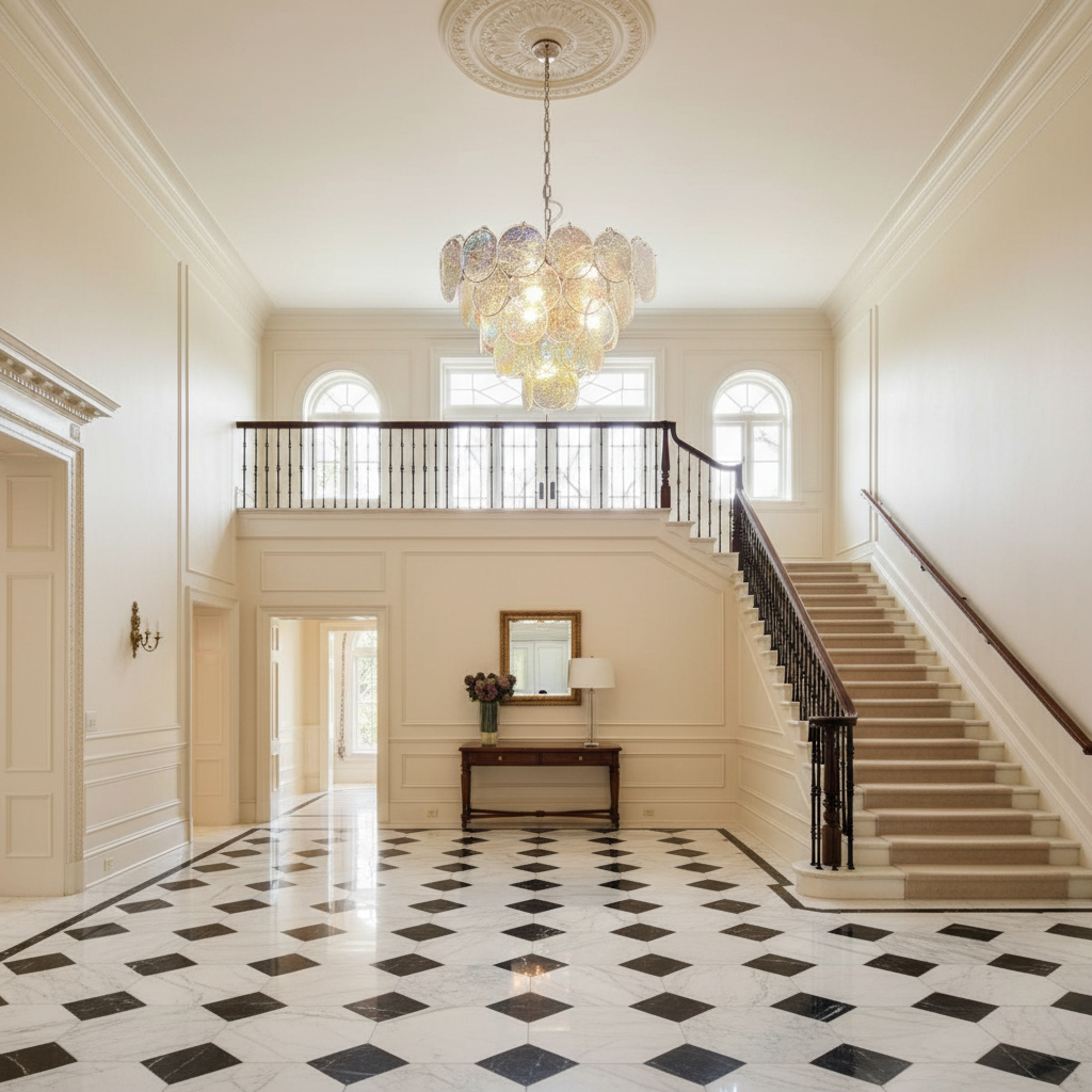 Riviko Aura Iridescent Glass Chandelier - grand American estate foyer