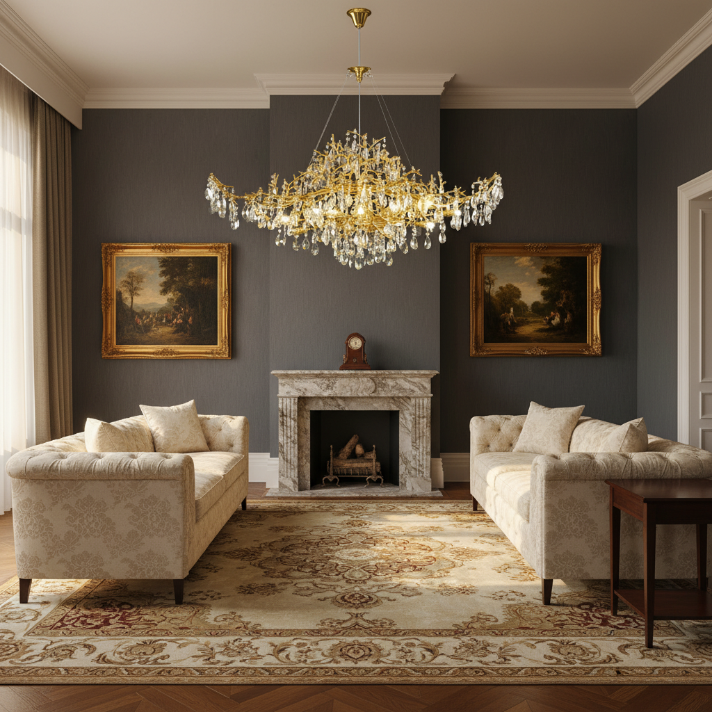 Riviko Gilded Branch Crystal Chandelier - American formal living room with 12-foot ceilings