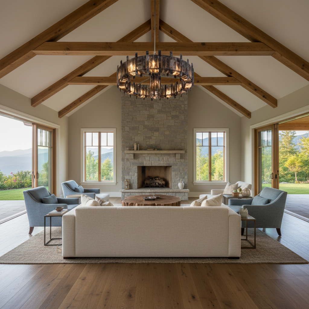 Riviko Cosmic Cascade Chandelier - American transitional great room with cathedral ceiling