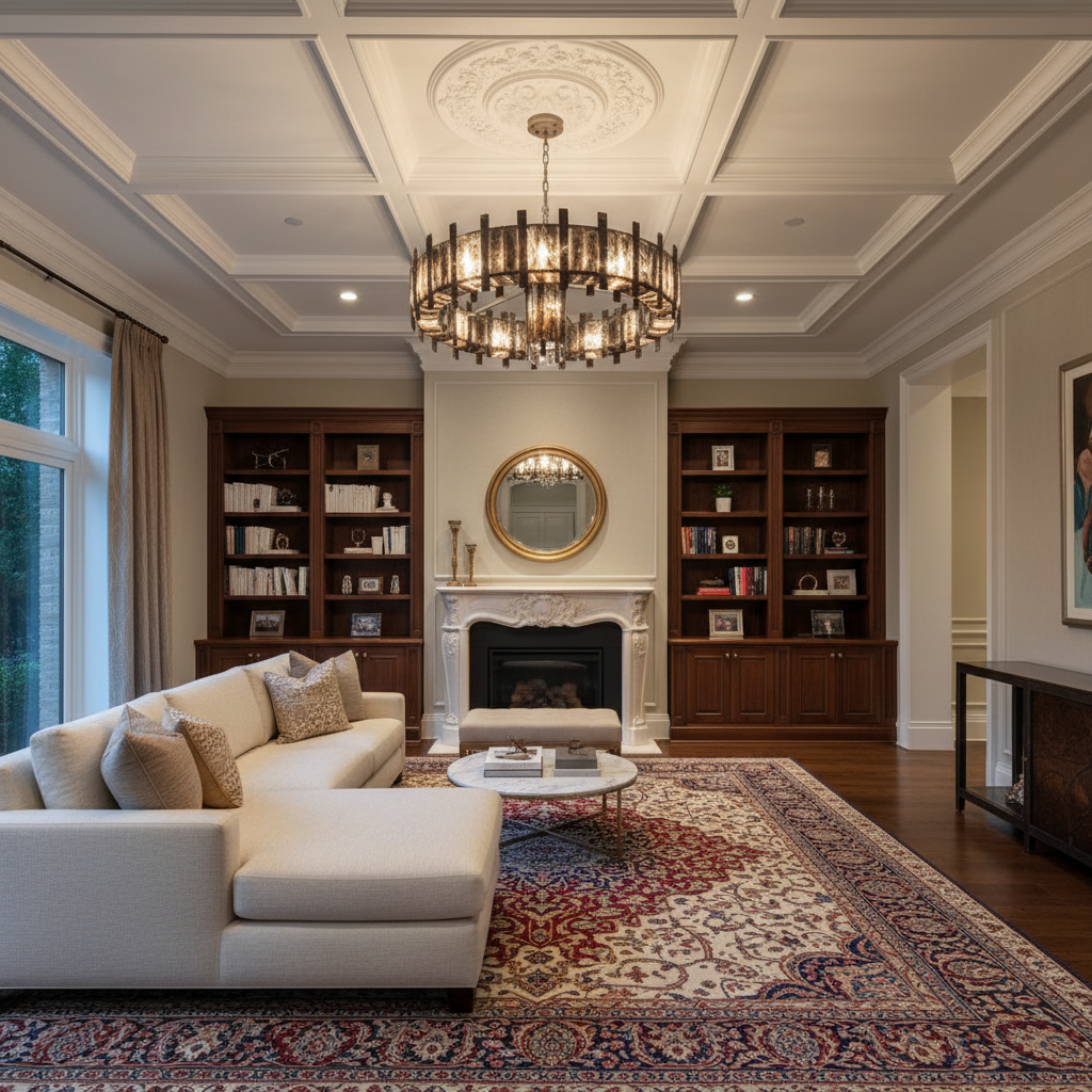 Riviko Cosmic Cascade Chandelier - luxurious American living room with tray ceiling