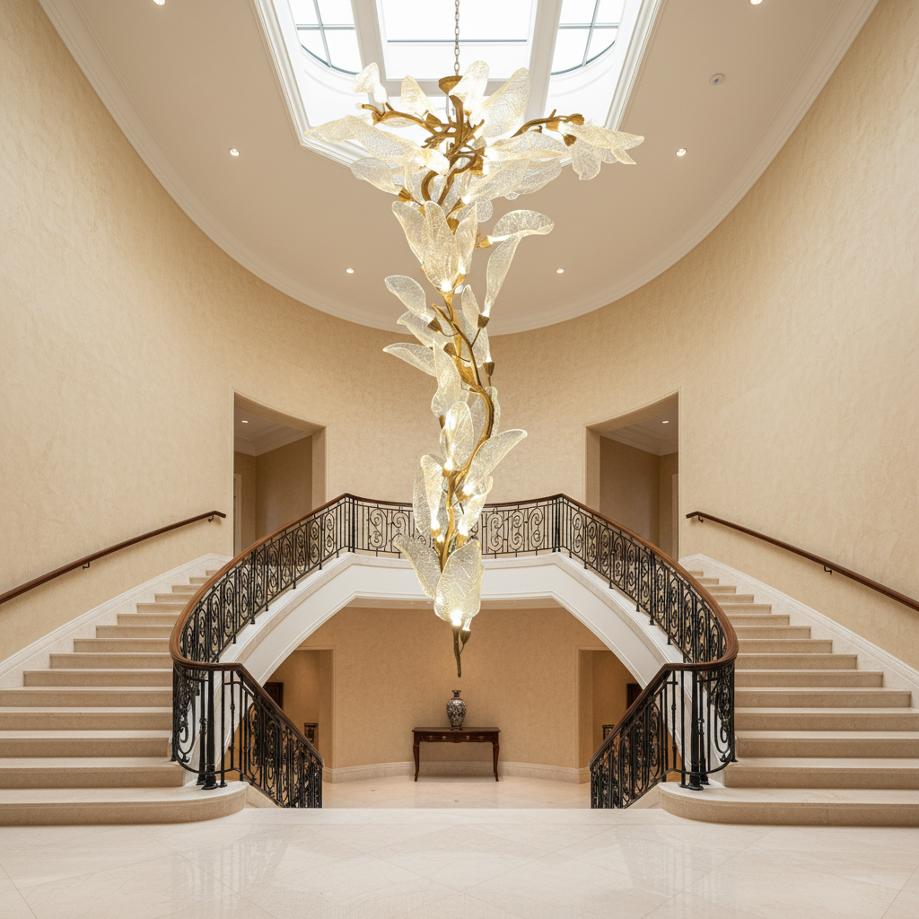 Riviko Verdant Petal Resin Chandelier - dramatic American stairwell with soaring ceiling