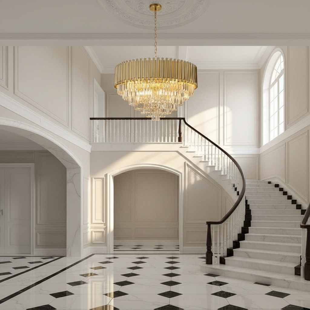 Riviko Radiant Cascade Crystal Chandelier - grand American estate foyer