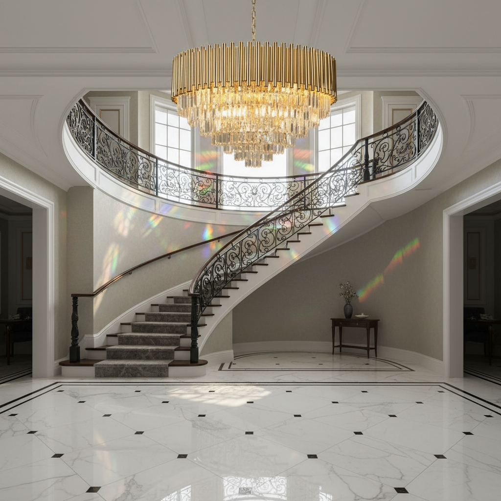 Riviko Radiant Cascade Crystal Chandelier - dramatic American stairwell with soaring ceiling