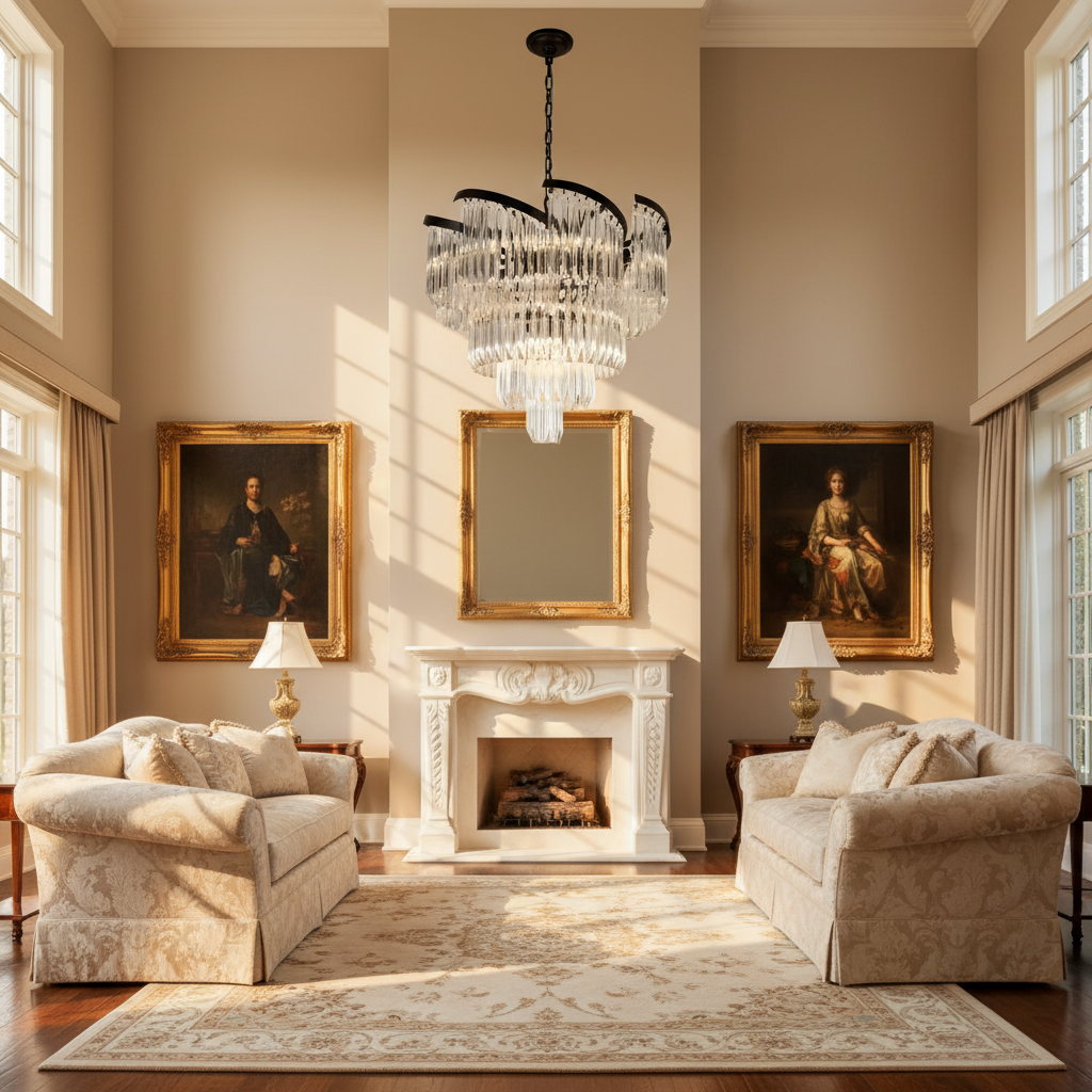 Riviko Radiant Bloom Round Crystal Chandelier - American formal living room with 12-foot ceilings