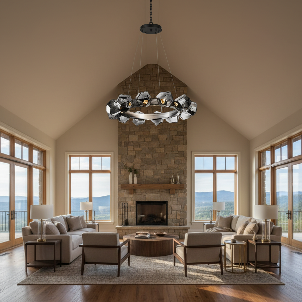 Riviko Aura Disc Modern LED Chandelier - American transitional great room with cathedral ceiling